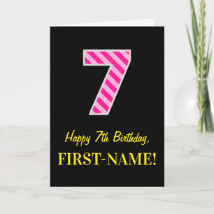 Fun Pink Striped "7"; Happy 7th Birthday; Name Card