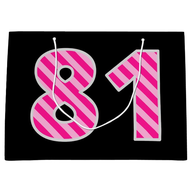 Fun Pink Striped "81"; Happy 81st Birthday; Name Large Gift Bag (Front)