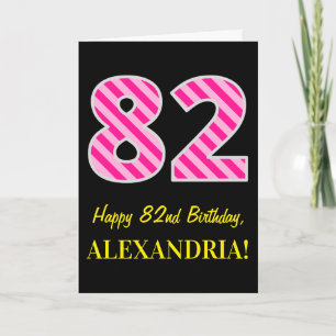 Fun Pink Striped "82"; Happy 82nd Birthday; Name Card