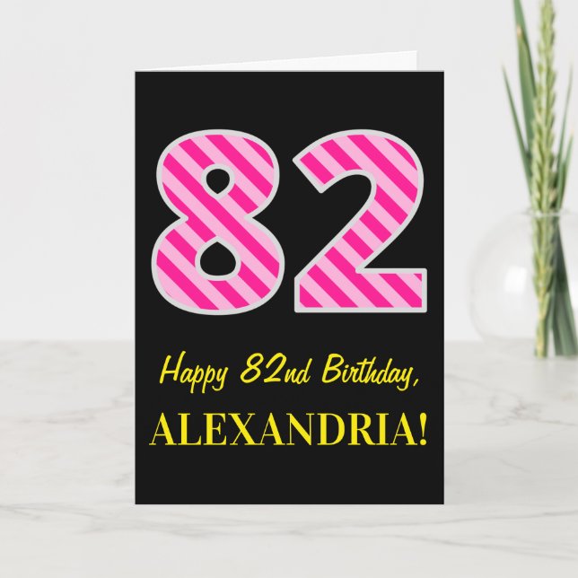 Fun Pink Striped "82"; Happy 82nd Birthday; Name Card (Front)