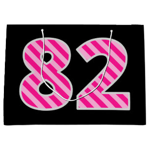 Fun Pink Striped "82"; Happy 82nd Birthday; Name Large Gift Bag