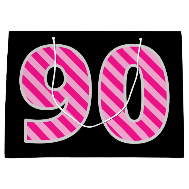 Fun Pink Striped "90"; Happy 90th Birthday; Name Large Gift Bag (Front)