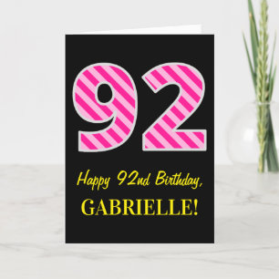 Fun Pink Striped "92"; Happy 92nd Birthday; Name Card