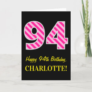 Fun Pink Striped "94"; Happy 94th Birthday; Name Card