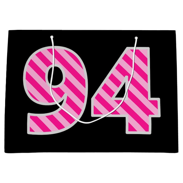 Fun Pink Striped "94"; Happy 94th Birthday; Name Large Gift Bag (Front)