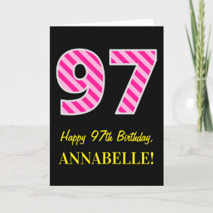 Fun Pink Striped "97"; Happy 97th Birthday; Name Card