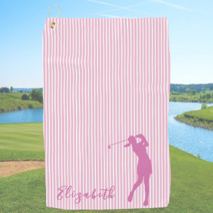 Fun Pink Striped Lady Golfer Custom Name Golf Towel