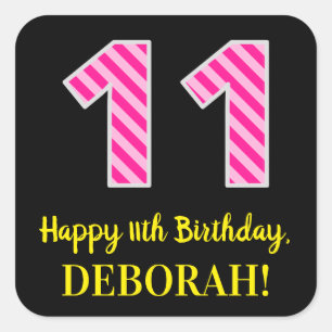 Fun Pink Stripes “11”: Happy 11th Birthday + N Square Sticker