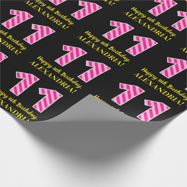 Fun Pink Stripes "11"; Happy 11th Birthday; Name Wrapping Paper (Corner)