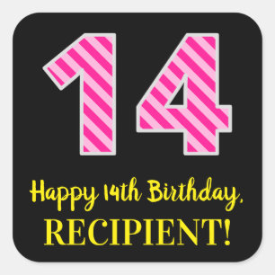 Fun Pink Stripes “14”: Happy 14th Birthday + Name Square Sticker
