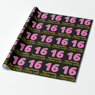 Fun Pink Stripes "16"; Happy 16th Birthday; Name Wrapping Paper