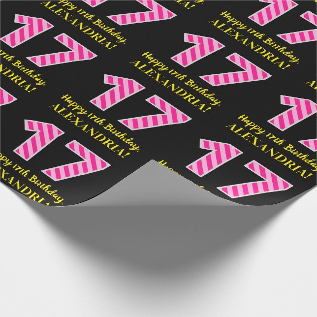 Fun Pink Stripes "17"; Happy 17th Birthday; Name Wrapping Paper (Corner)