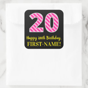 Fun Pink Stripes “20”: Happy 20th Birthday + N Square Sticker