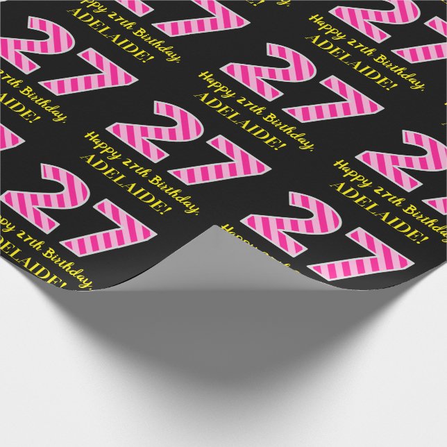 Fun Pink Stripes "27"; Happy 27th Birthday; Name Wrapping Paper (Corner)