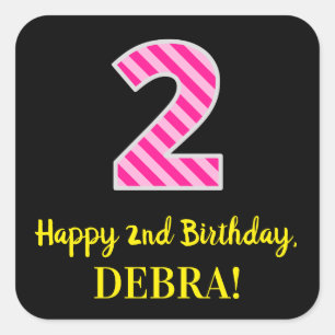 Fun Pink Stripes “2”: Happy 2nd Birthday + Name Square Sticker