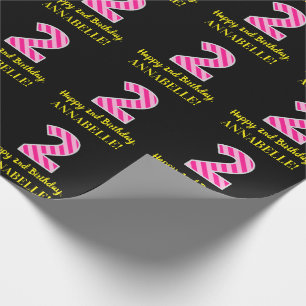 Fun Pink Stripes "2"; Happy 2nd Birthday; Name Wrapping Paper