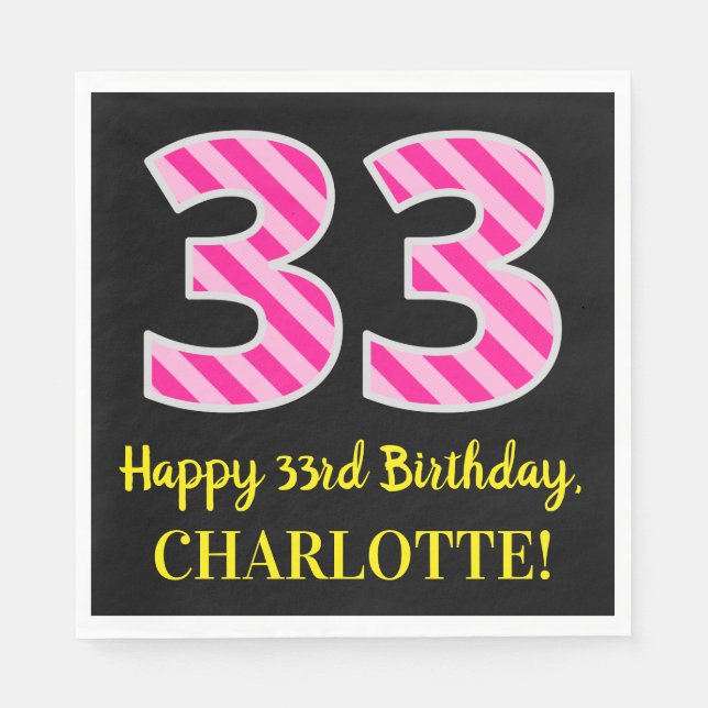 Fun Pink Stripes "33"; Happy 33rd Birthday; Name Napkin (Front)