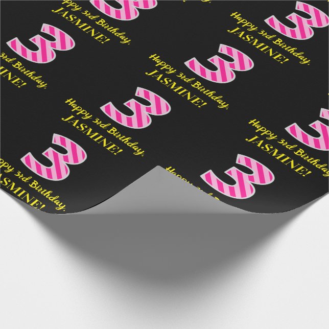 Fun Pink Stripes "3"; Happy 3rd Birthday; Name Wrapping Paper (Corner)