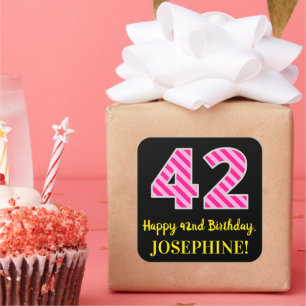 Fun Pink Stripes “42”: Happy 42nd Birthday + Name Square Sticker