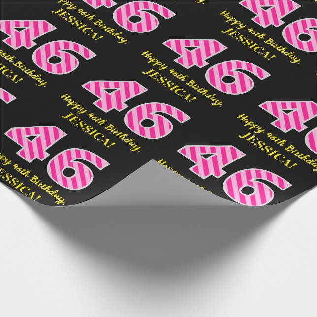 Fun Pink Stripes "46"; Happy 46th Birthday; Name Wrapping Paper (Corner)