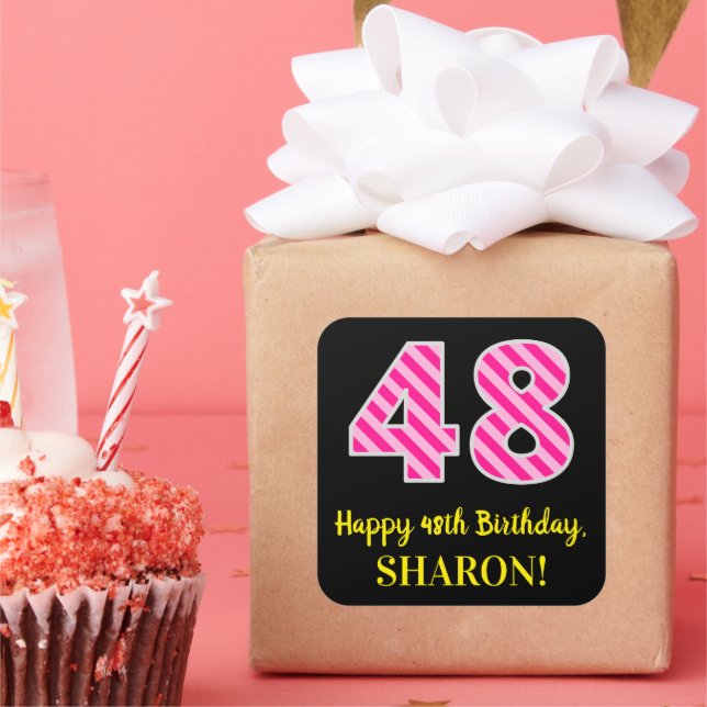 Fun Pink Stripes “48”: Happy 48th Birthday + Name Square Sticker (Party)