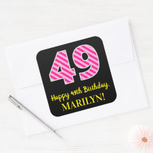 Fun Pink Stripes “49”: Happy 49th Birthday + Name Square Sticker