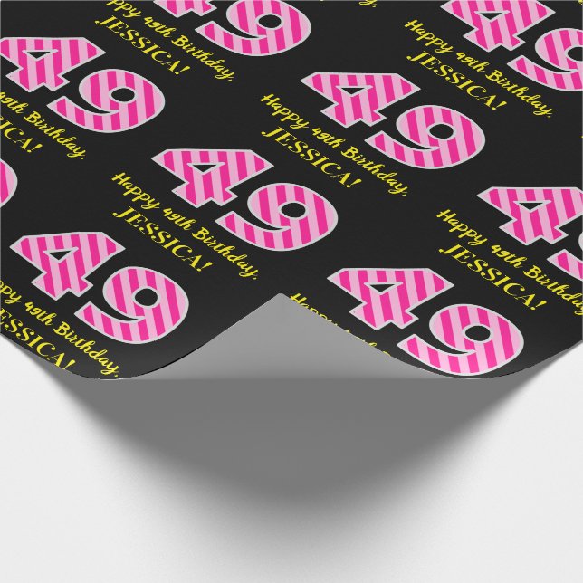 Fun Pink Stripes "49"; Happy 49th Birthday; Name Wrapping Paper (Corner)