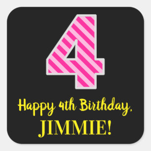 Fun Pink Stripes “4”: Happy 4th Birthday + Name Square Sticker