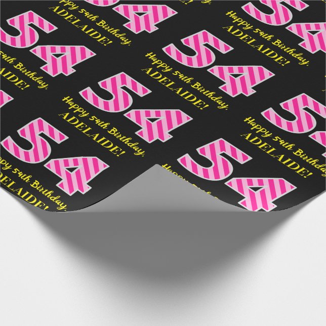 Fun Pink Stripes "54"; Happy 54th Birthday; Name Wrapping Paper (Corner)