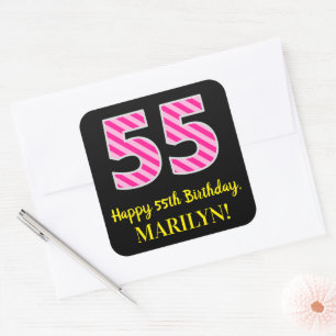 Fun Pink Stripes “55”: Happy 55th Birthday + N Square Sticker