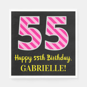 Fun Pink Stripes "55"; Happy 55th Birthday; Name Napkin