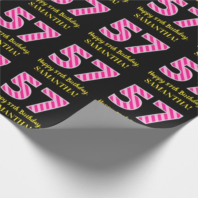 Fun Pink Stripes "57"; Happy 57th Birthday; Name Wrapping Paper (Corner)