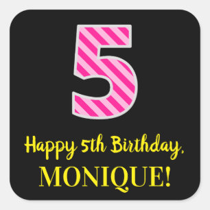 Fun Pink Stripes “5”: Happy 5th Birthday + Name Square Sticker