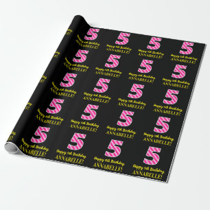 Fun Pink Stripes "5"; Happy 5th Birthday; Name Wrapping Paper