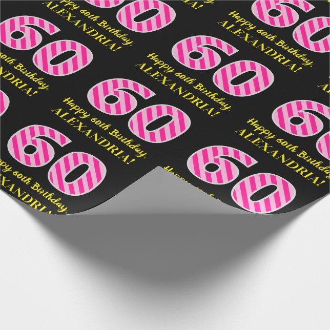 Fun Pink Stripes "60"; Happy 60th Birthday; Name Wrapping Paper (Corner)