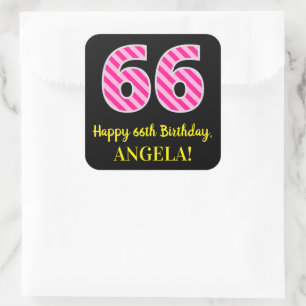 Fun Pink Stripes “66”: Happy 66th Birthday + Name Square Sticker