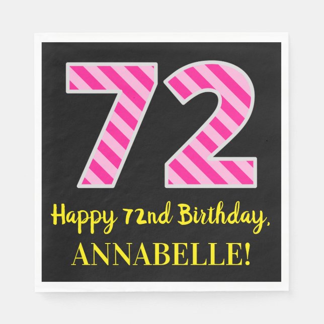 Fun Pink Stripes "72"; Happy 72nd Birthday; Name Napkin (Front)