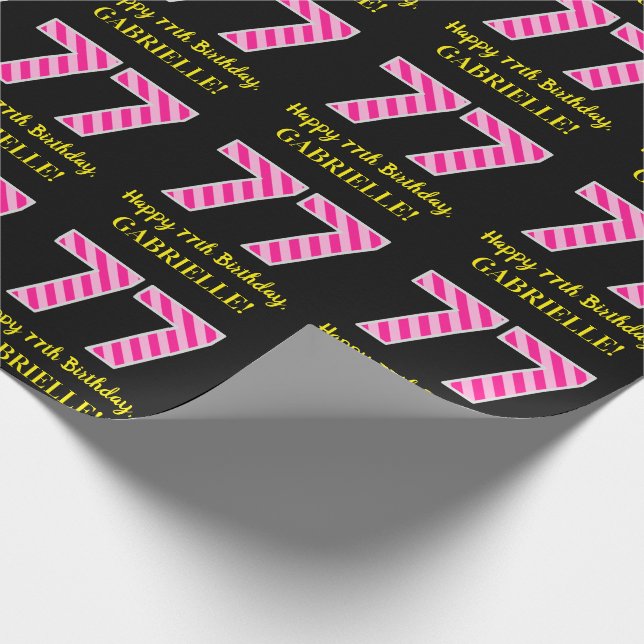 Fun Pink Stripes "77"; Happy 77th Birthday; Name Wrapping Paper (Corner)