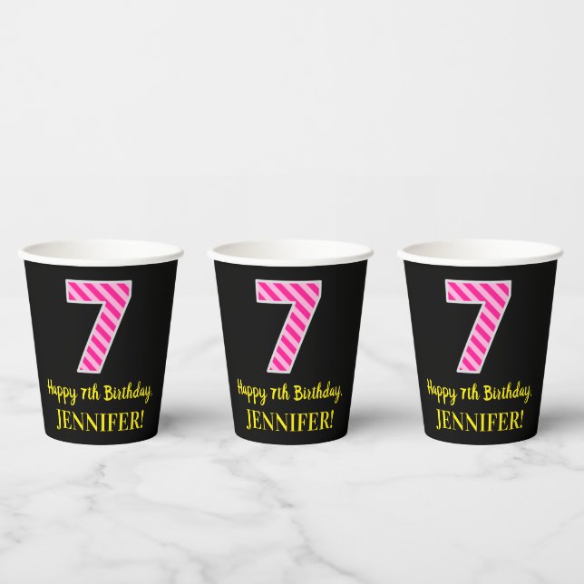Fun Pink Stripes “7”: Happy 7th Birthday + Name Paper Cups (Multi)
