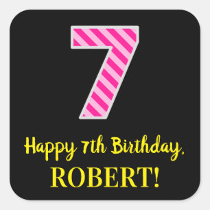 Fun Pink Stripes “7”: Happy 7th Birthday + Name Square Sticker