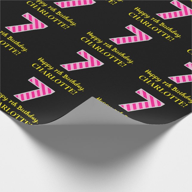 Fun Pink Stripes "7"; Happy 7th Birthday; Name Wrapping Paper (Corner)