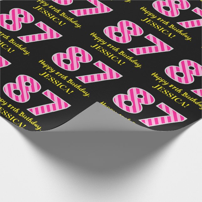 Fun Pink Stripes "87"; Happy 87th Birthday; Name Wrapping Paper (Corner)