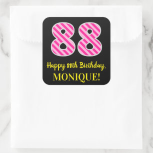 Fun Pink Stripes “88”: Happy 88th Birthday + Name Square Sticker