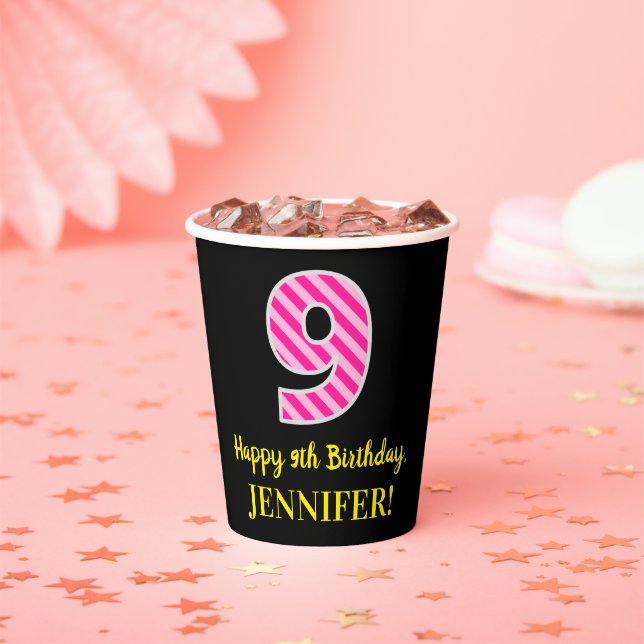 Fun Pink Stripes “9”: Happy 9th Birthday + Name Paper Cups (Insitu)