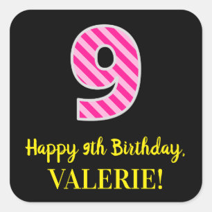 Fun Pink Stripes “9”: Happy 9th Birthday + Name Square Sticker