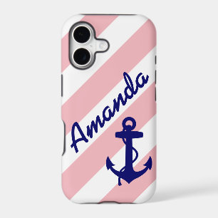 FUN PINK STRIPES BLUE ANCHOR YOUR NAME