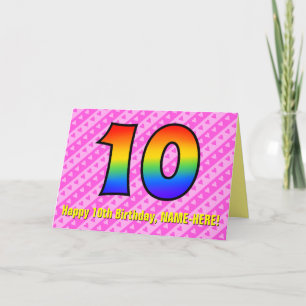 Fun Pink Stripes, Hearts, Rainbow # 10th Birthday Card