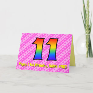 Fun Pink Stripes, Hearts, Rainbow # 11th Birthday Card