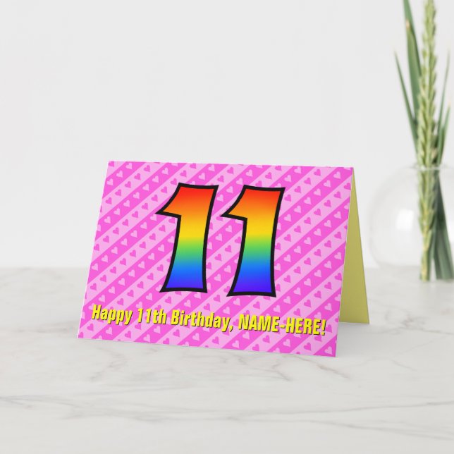 Fun Pink Stripes, Hearts, Rainbow # 11th Birthday Card (Front)