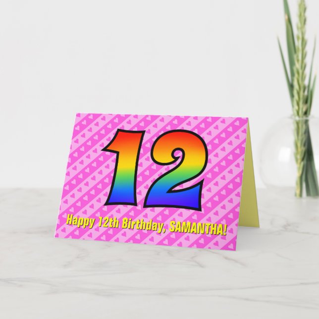 Fun Pink Stripes, Hearts, Rainbow # 12th Birthday Card (Front)